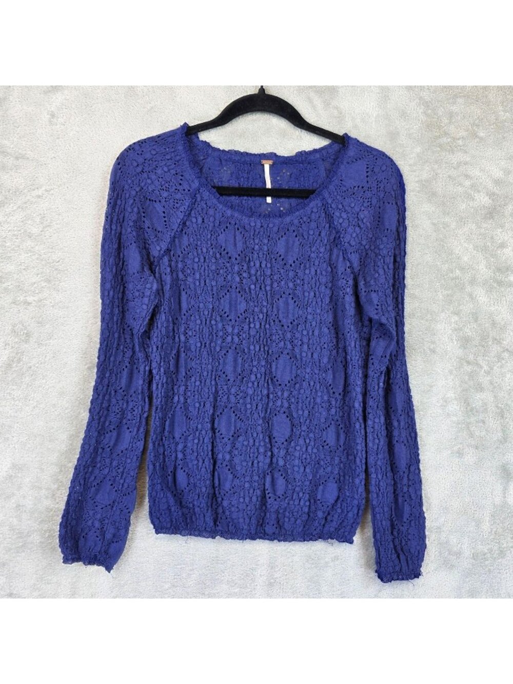 Free People Sunny Pucker Lace Top Womens M Blue Long Sleeve Stretch Boho